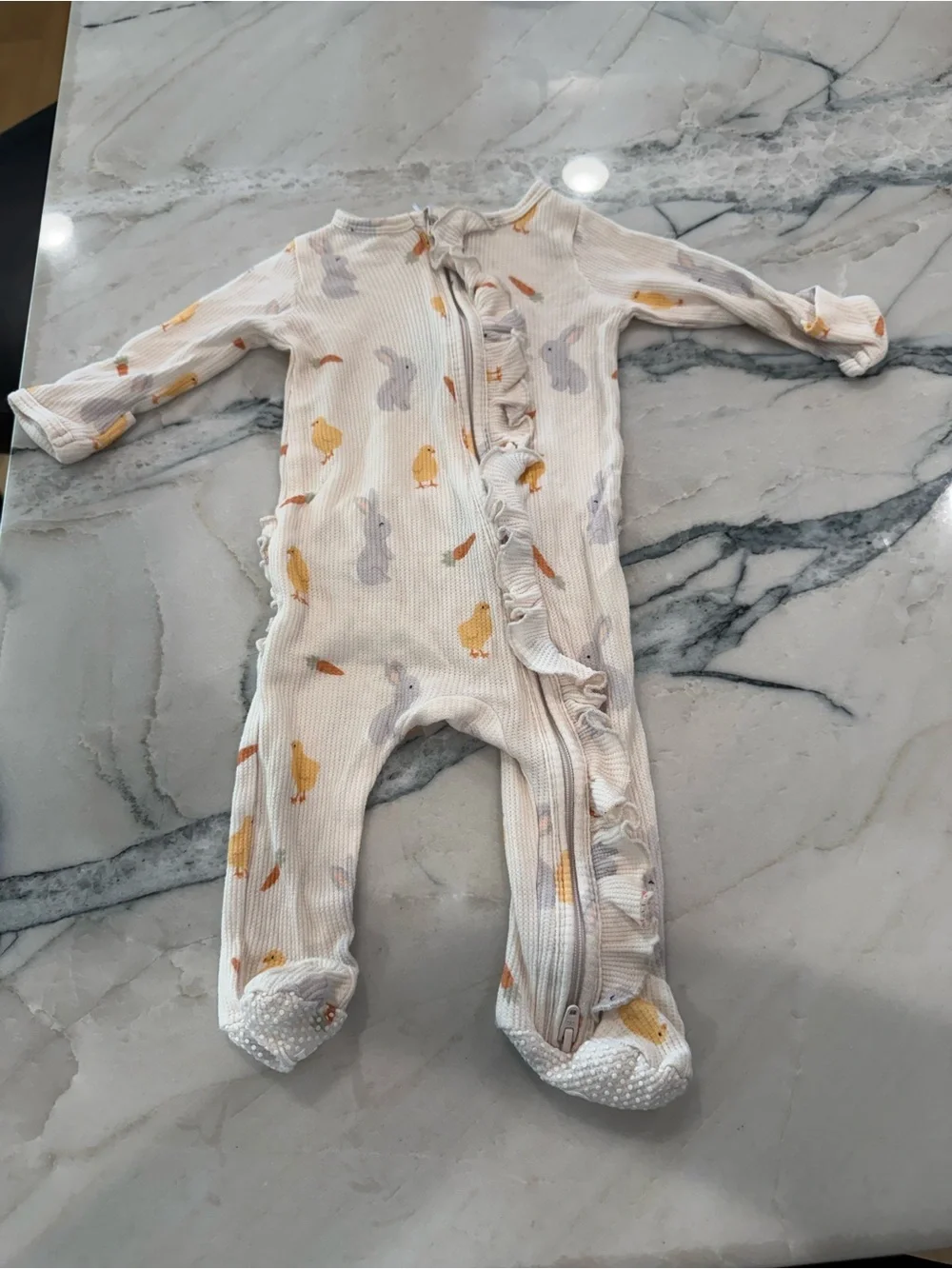 Caden Lane Cream Footie with Yellow Chick & Gray Bunny Print